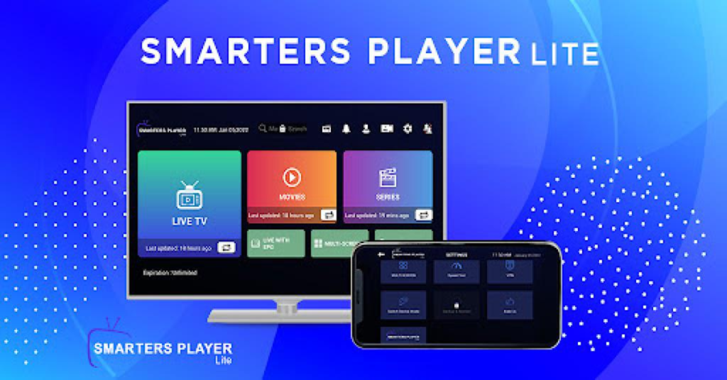 Smarters Player Lite app interface displayed on a smart TV and a smartphone screen against a blue abstract background.