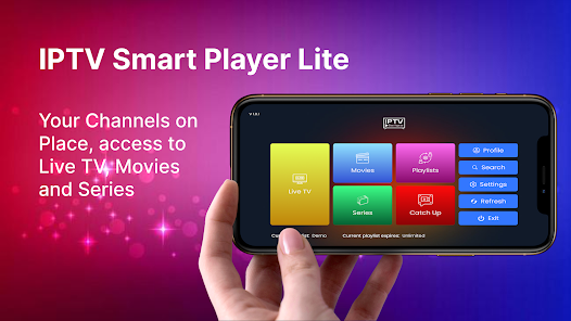 Smarters Player Lite interface on a smartphone showing Live TV, Movies, and Series options against a purple and red background.